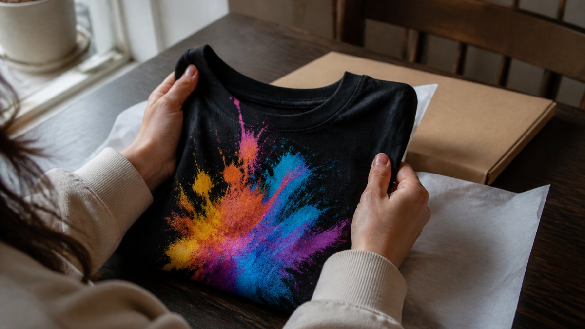 Hands carefully unfolding a freshly received custom printed T-shirt from packaging, with the design visible and vibrant against soft natural window lighting