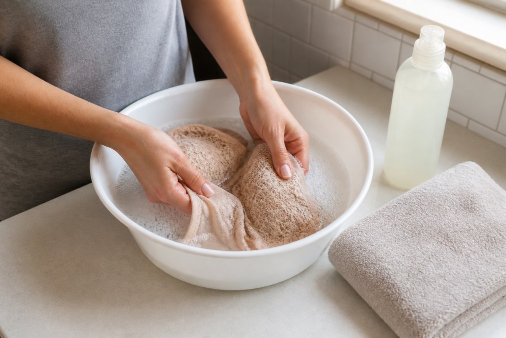 A woman's hands gently swirling a lace bra in a bowl of cool, sudsy water on a clean bathroom counter, with a bottle of gentle detergent and a soft towel nearby, soft natural light