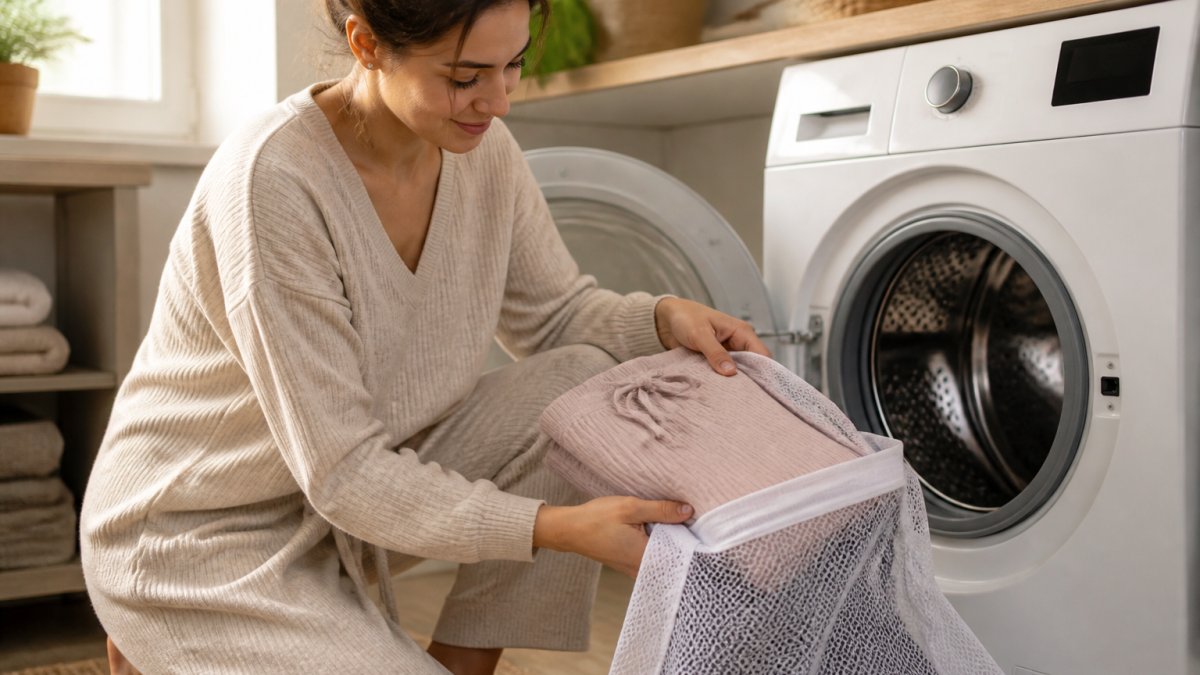 A woman's hands gently placing a folded delicate loungewear set into a white mesh laundry bag beside a washing machine in a bright laundry room