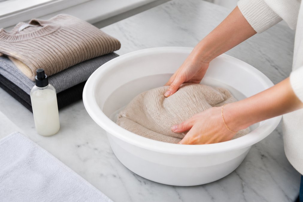 Hands gently submerging a soft cashmere sweater into a clean white basin filled with cool, clear water, a small bottle of gentle wool wash detergent nearby on a marble surface