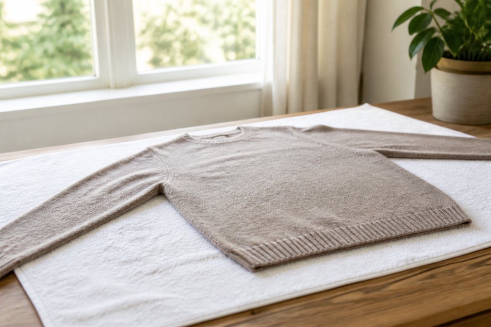 A neatly laid-out cashmere sweater resting flat on a clean white towel on a wooden surface, drying naturally in soft diffused light near a window, the knit texture clearly visible