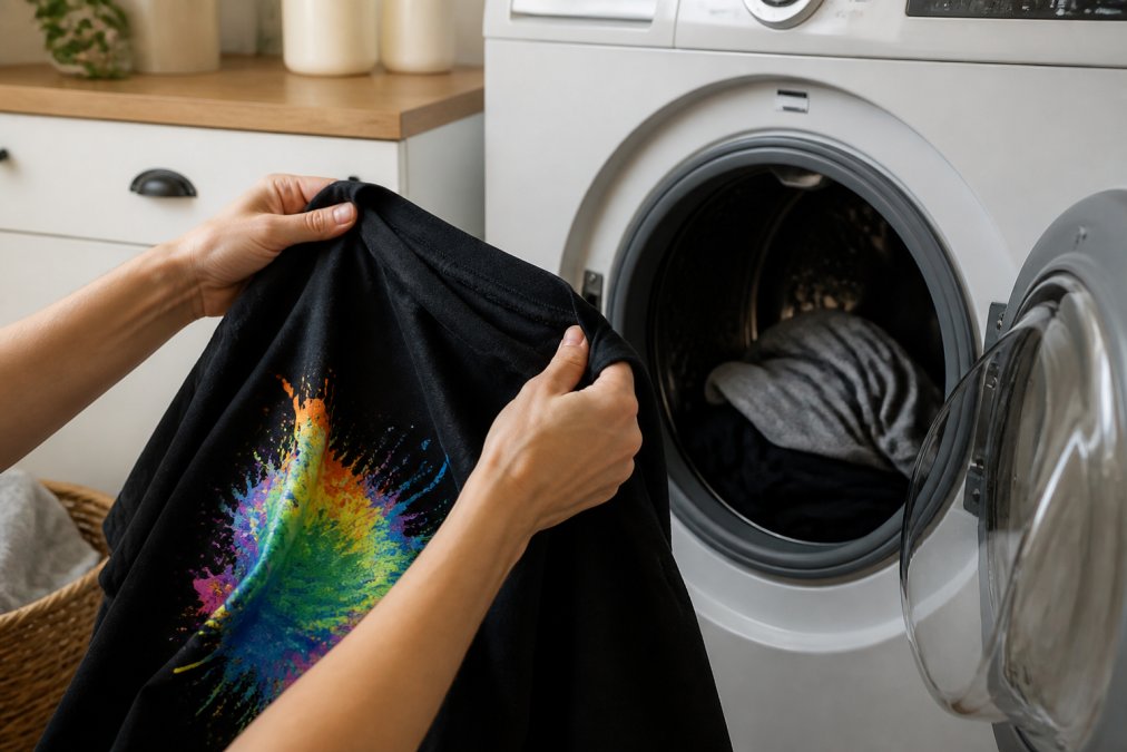 Close-up of hands turning a dark-colored t-shirt with a vibrant DTF print inside out before placing it in a front-loading washing machine, bright laundry room lighting