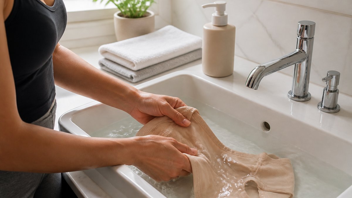 A woman gently hand-washing a beige shapewear bodysuit in a clean bathroom sink filled with cool water, mild detergent bottle on the counter, soft natural light from a window