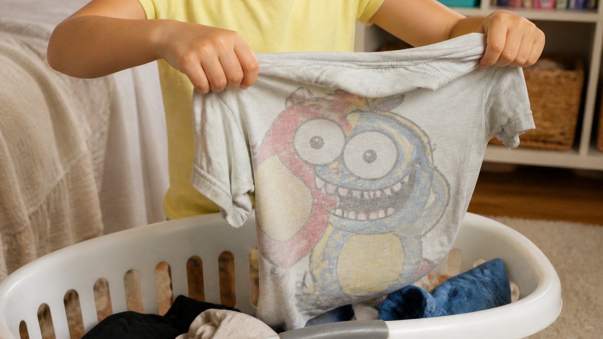 Child's graphic tee being turned inside out over a laundry basket, showing the colorful character design on the reverse side
