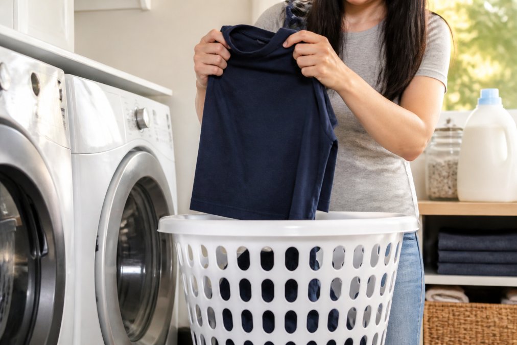 A person turning a colorful dog-themed graphic t-shirt inside out over a laundry basket, with a bottle of mild detergent visible on a nearby shelf in a bright laundry room