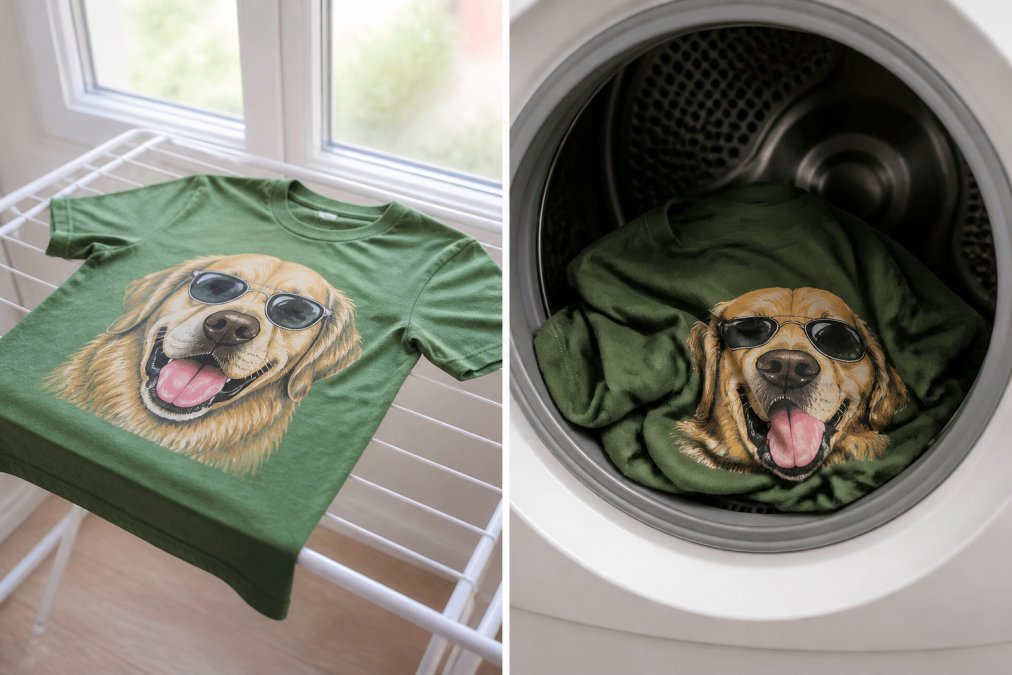 A bright graphic t-shirt with a dog design hanging flat on a white drying rack near a sunny window, soft natural light illuminating the print detail against a clean background