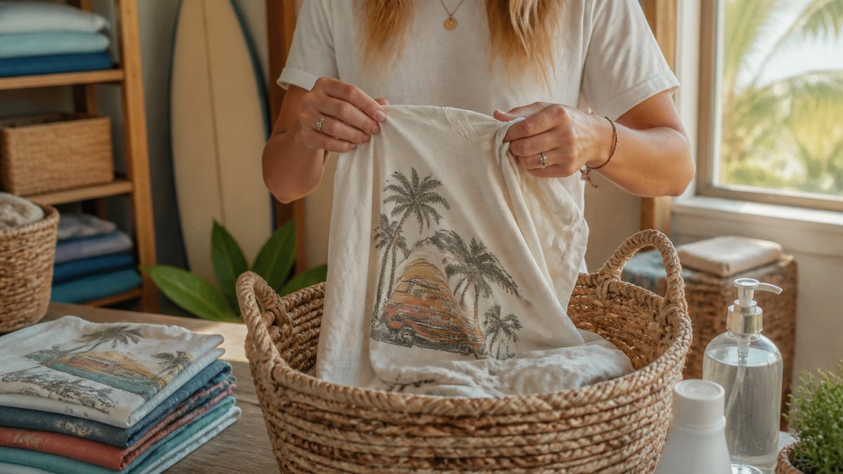 Close-up of hands turning a vintage-style surf graphic tee inside out over a laundry basket in a bright, sunlit room with coastal decor