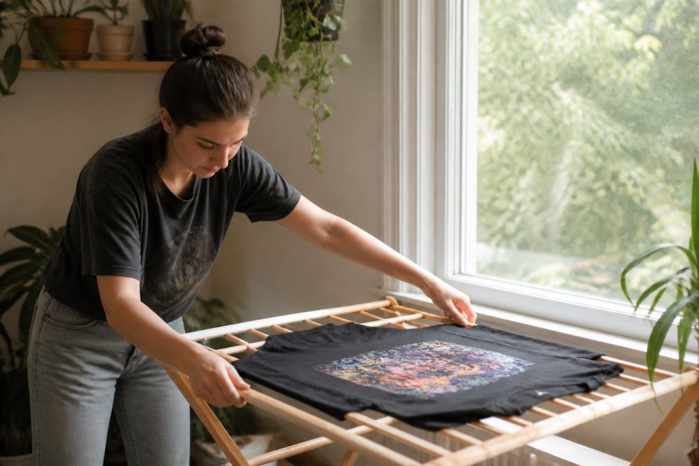 A vibrant graphic tee laid flat on a wooden drying rack indoors near a window with soft natural light streaming in, showing proper air-drying technique