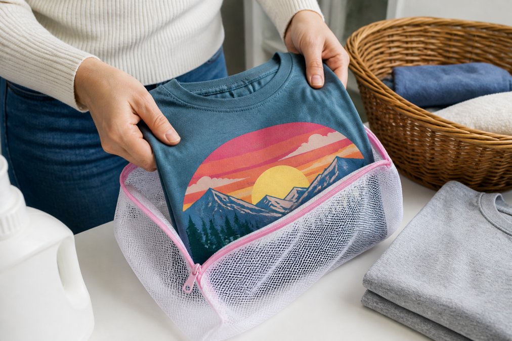 Close-up of hands placing a colorful graphic tee into a white mesh laundry bag, with the print clearly visible before the bag is sealed