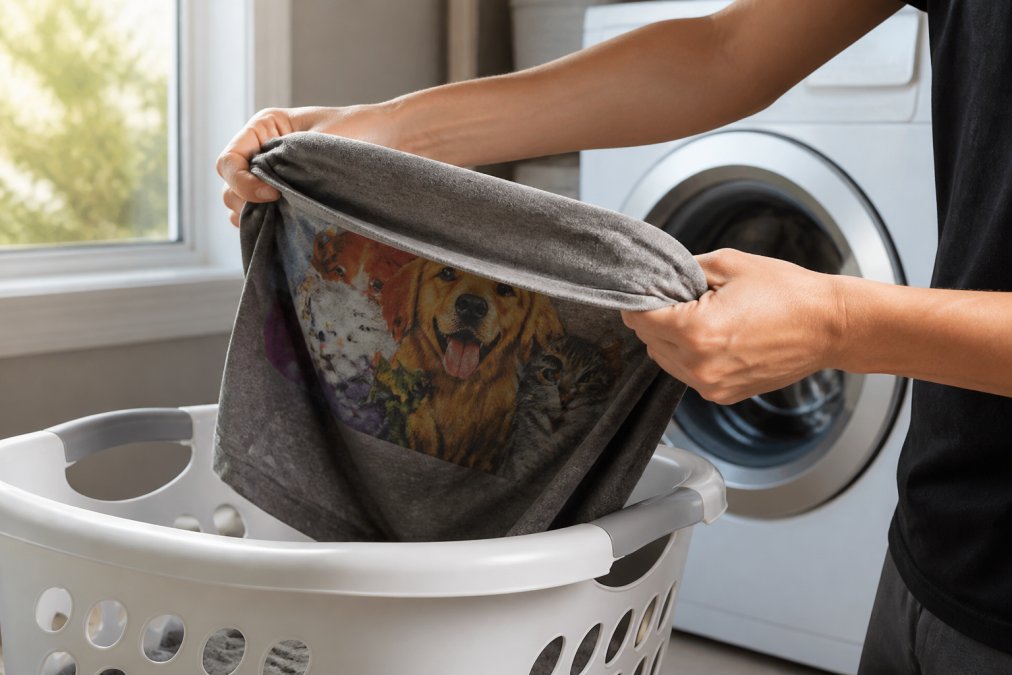 Hands carefully turning a colorful pet-themed graphic t-shirt inside out over a white laundry basket, with a front-loading washing machine visible in the background, soft natural light from a nearby window