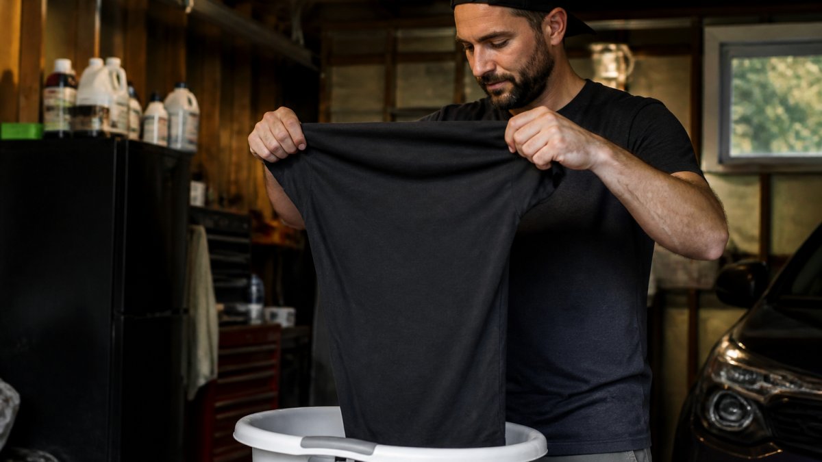 Person in a garage turning a dark graphic t-shirt inside out over a laundry basket to protect the print