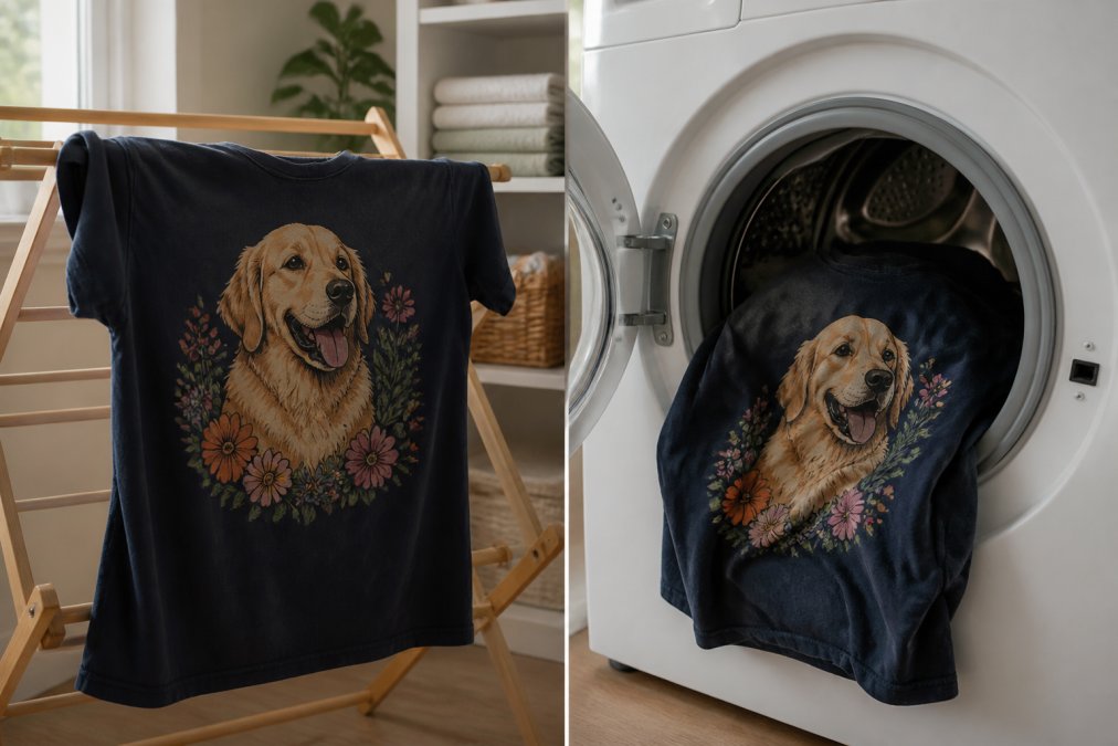 A pet-themed graphic t-shirt hung flat on a wooden drying rack near a bright window with soft afternoon light, the print side facing inward against the rack surface, a tidy laundry room visible in the background