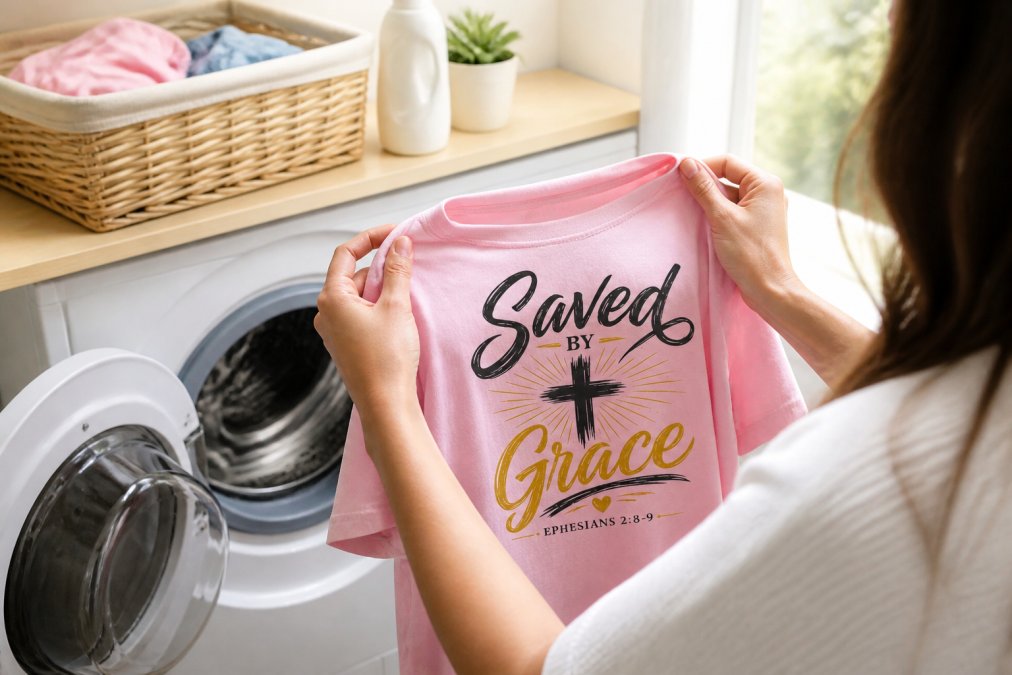 Close-up of a woman's hands turning a faith-inspired graphic tee inside out before placing it into a washing machine, the print visible on the inside of the shirt, soft natural light from a nearby window