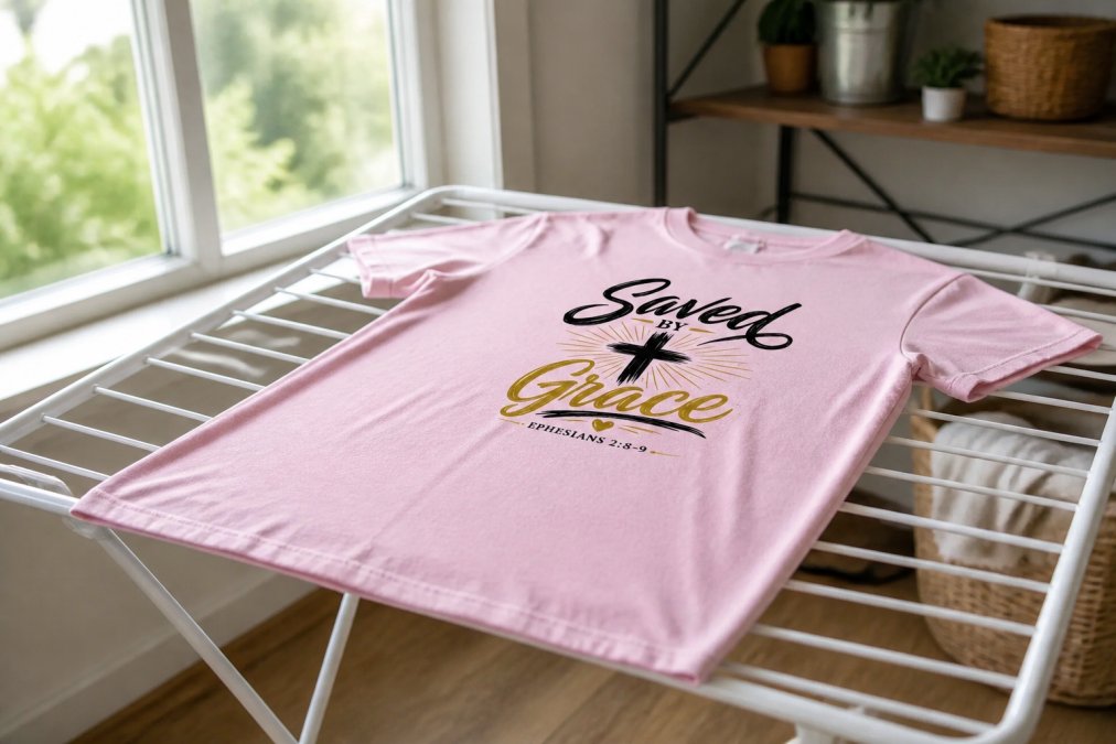 A colorful faith-inspired graphic tee laid flat on a clean white drying rack near a bright window, air drying naturally with the print facing downward, soft daylight illuminating the room