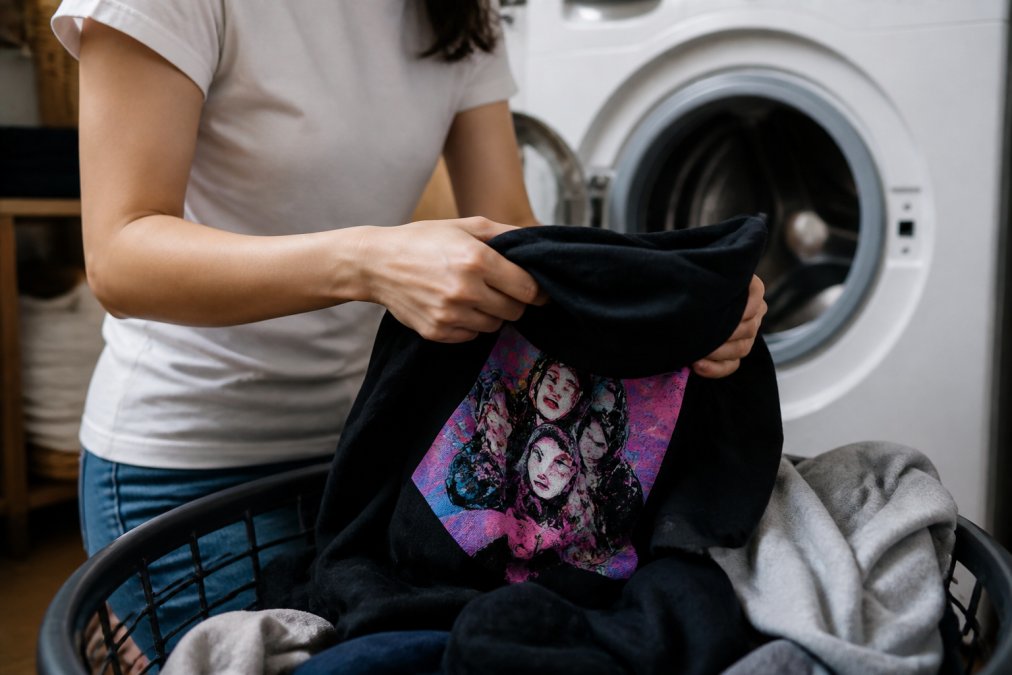 Close-up of hands turning a vibrant graphic tee inside out over a laundry basket, with a washing machine visible in the soft-focus background, warm natural light from a nearby window
