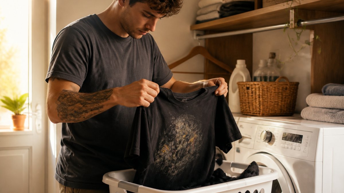 A person turning a graphic t-shirt inside out over a laundry basket in a bright home laundry room, with a washing machine visible in the background