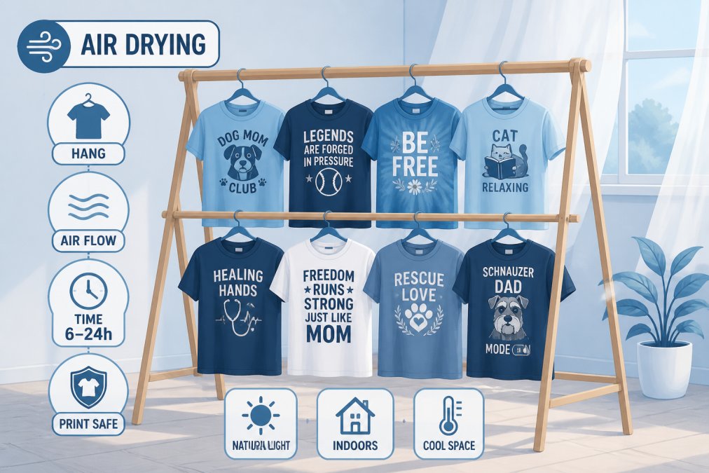 Multiple colorful graphic tees hanging on a wooden drying rack indoors near a window with soft natural light filtering through sheer curtains, showing proper air-drying setup