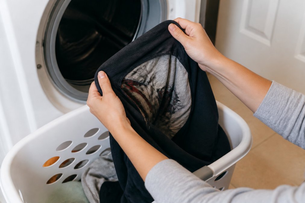 Hands turning a graphic tee inside out over a laundry basket, showing the printed design facing inward before washing