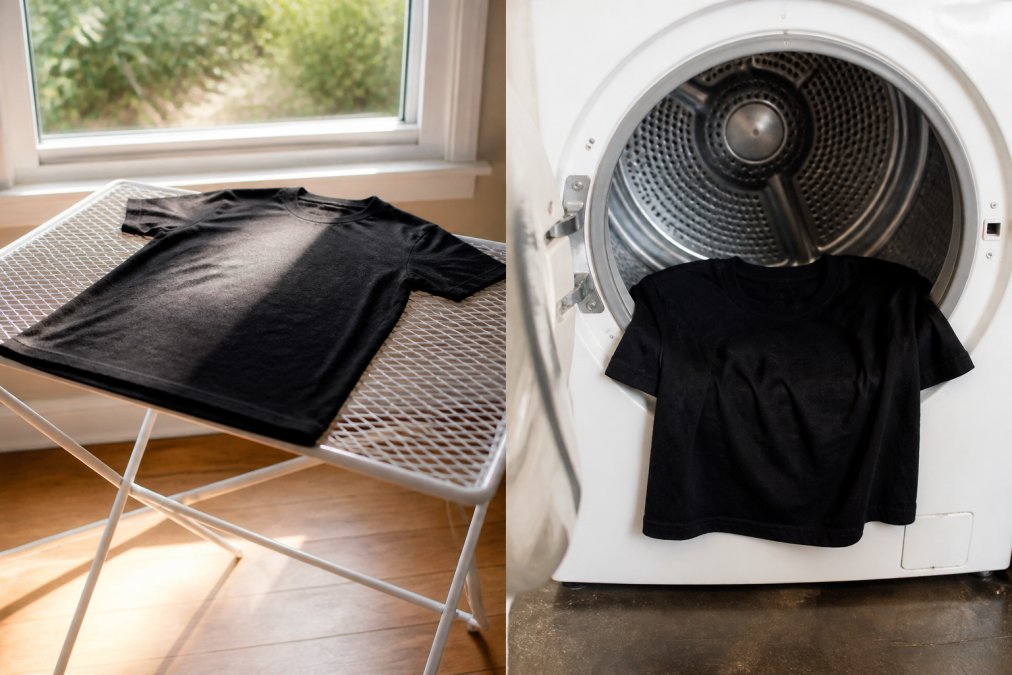 A graphic tee laid print-side down on a white mesh drying rack near a large sunlit window, the room bright with afternoon natural light and a hardwood floor visible beneath the rack