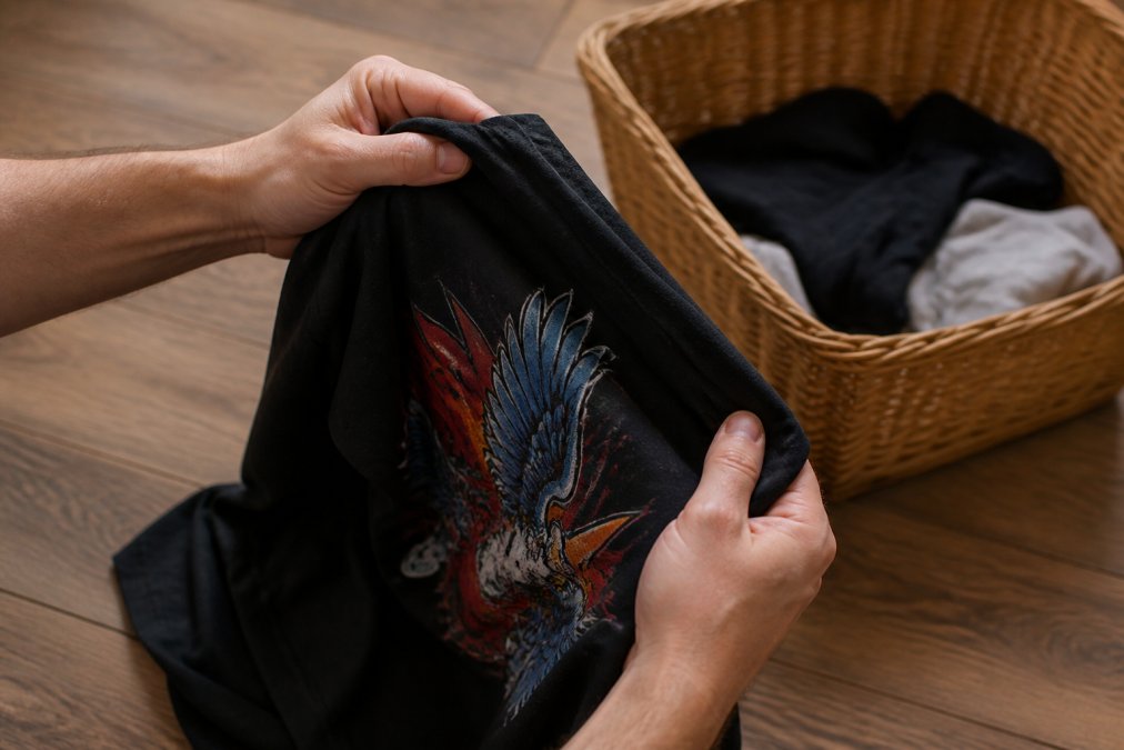 Close-up of hands carefully turning a graphic tee inside out to reveal the printed design on the back, with a woven laundry basket visible in soft focus on a wooden floor