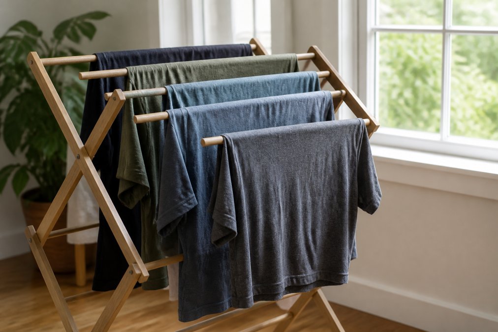 Multiple graphic tees hanging on a wooden drying rack positioned near a bright window with natural diffused light, demonstrating proper air-dry technique in a clean, bright room