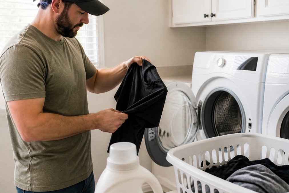 Person turning a graphic tee inside out before washing it in a bright laundry room to prevent fading.
