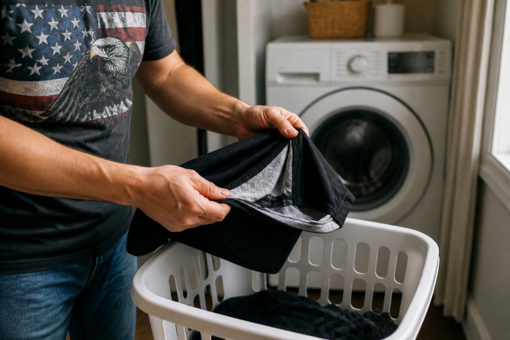 A pair of hands turning a bold patriotic graphic tee inside out over a laundry basket, with a front-loading washing machine visible in the soft background, warm natural light from a nearby window