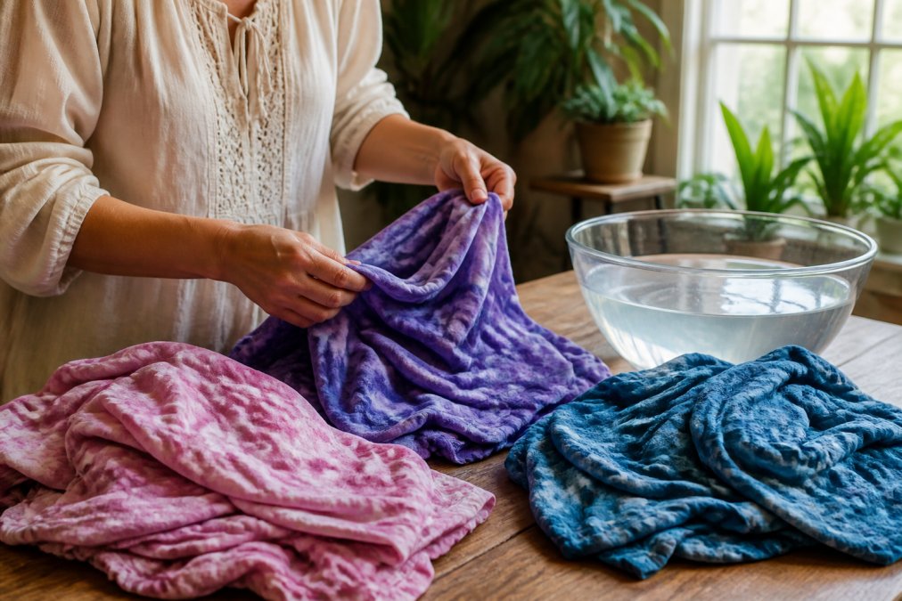 Close-up of hands gently separating colorful hand dyed bohemian garments into distinct piles by color intensity, with a clear basin of cold water visible in soft natural window light