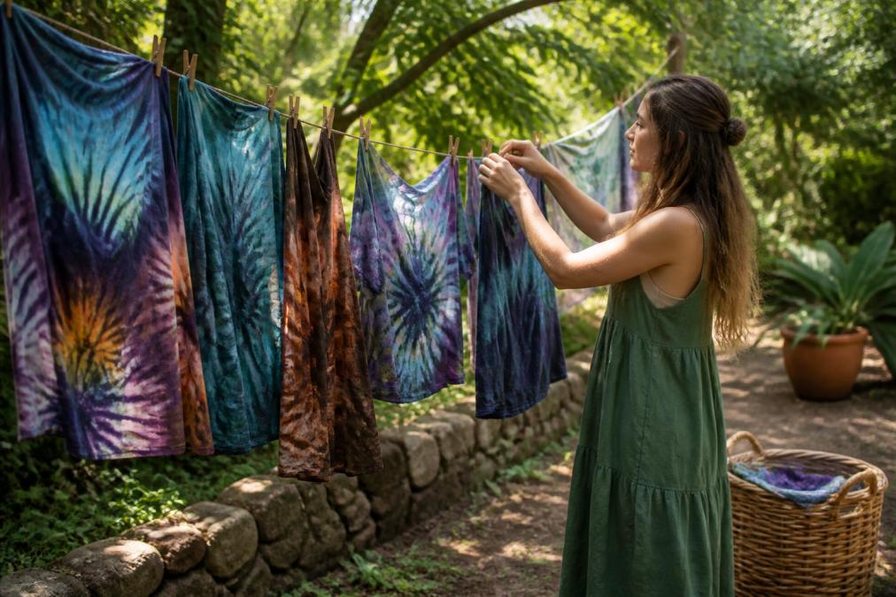Hand dyed bohemian clothing pieces hanging on a natural cotton clothesline in a shaded outdoor area with soft, dappled light filtering through green trees and foliage