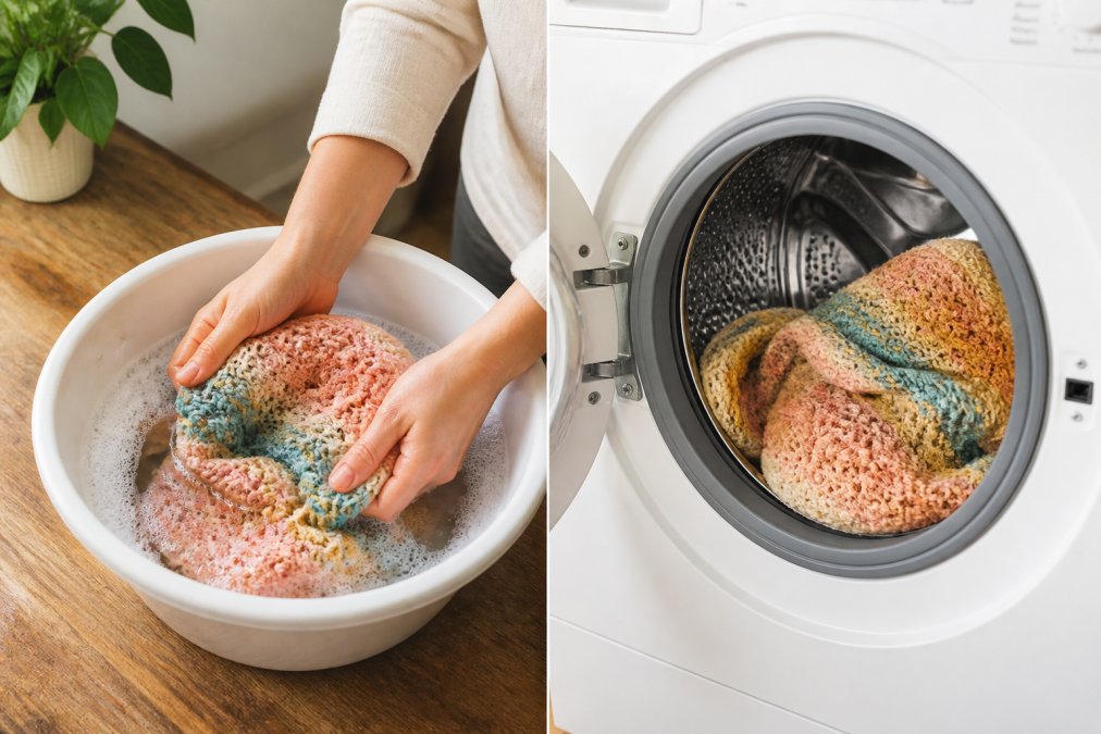 Hands gently submerging a colorful handmade crochet sweater into a white basin filled with soapy water, soft natural lighting on a wooden countertop