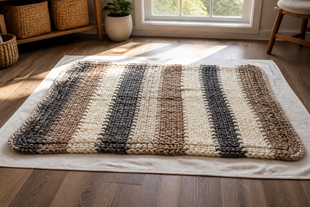 A chunky handmade crochet blanket laid flat on a clean white towel on a wooden floor, drying in natural light near a window