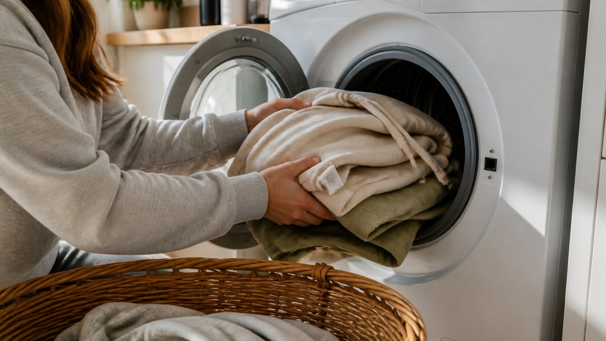 A person loading a heavyweight cotton hoodie and folded tees into a front-loader washing machine set to a gentle cold cycle, a care label visible on one garment, bright laundry room lighting