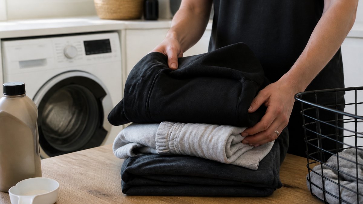 Person sorting a stack of heavyweight cotton gym clothes on a wooden table in a bright laundry room