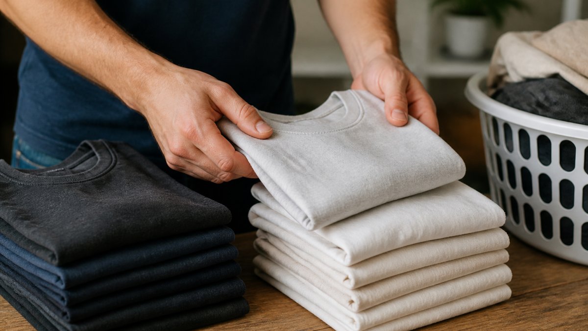 Close-up of hands sorting clean cotton shirts by color into separate piles on a laundry surface, showing dark and light colors separated