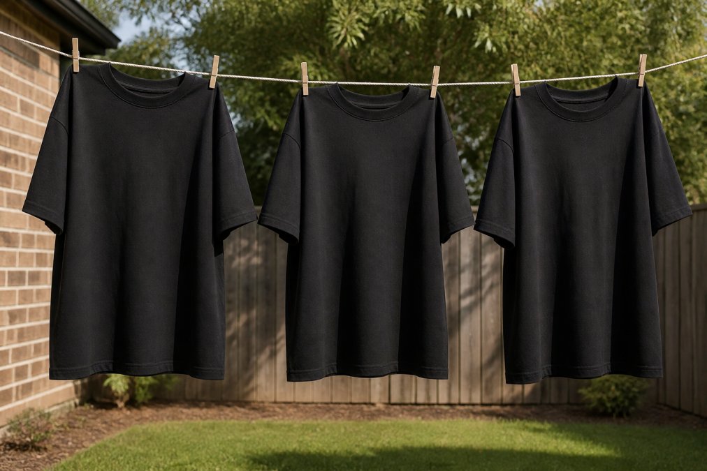 Heavy cotton tees hanging on a clothesline in natural outdoor light with proper spacing between each garment, showing the correct air drying setup for maintaining shape and fabric integrity