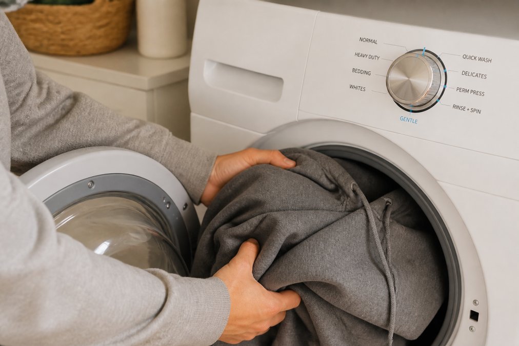 Hands placing an inside-out cotton hoodie into a washing machine set to the gentle cycle