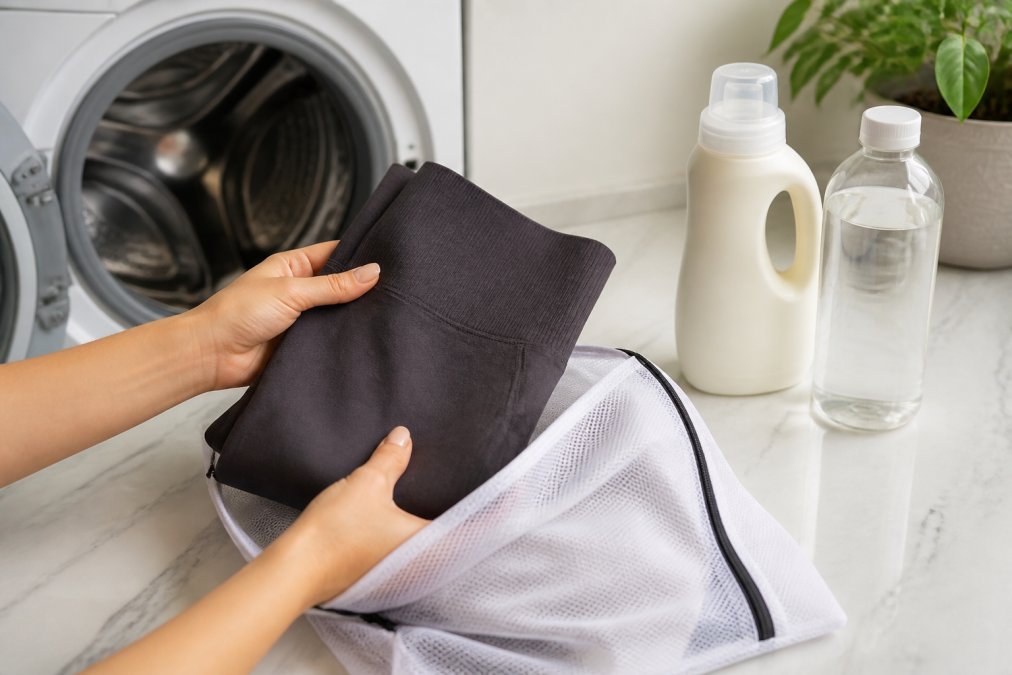 Close-up of hands placing folded black high-waist leggings into a mesh laundry bag beside a front-loading washing machine, with a small bottle of sport detergent and a bottle of distilled white vinegar visible on the counter in soft natural light