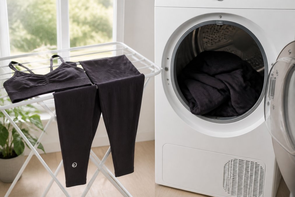 Moisture-wicking yoga pants and a sports bra laid flat to air dry on a white drying rack near a large bright window in a clean modern laundry room, with soft natural daylight illuminating the fabric