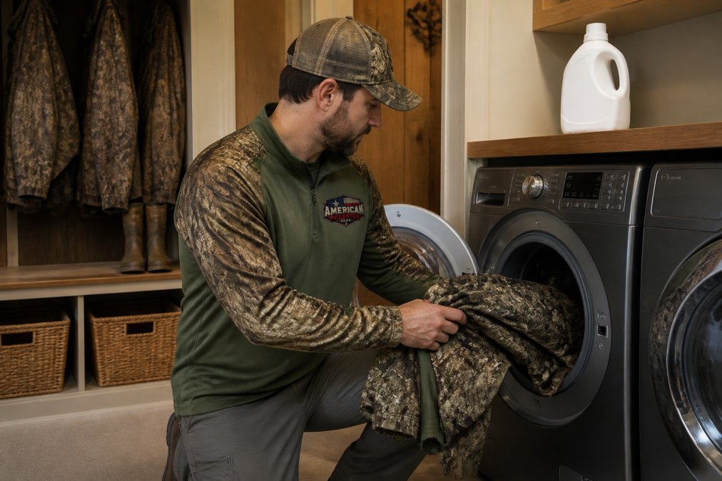 Hunter loading camouflage hunting jacket, bibs, and base layers into a front-load washing machine in a mudroom, with a bottle of scent-free detergent on the shelf nearby, warm utility room lighting