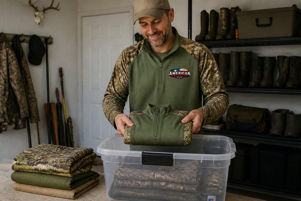 Neatly folded hunting jacket, bibs, and base layers being placed into a sealed airtight container in a clean garage, with a smiling hunter in the background and organized shelving visible