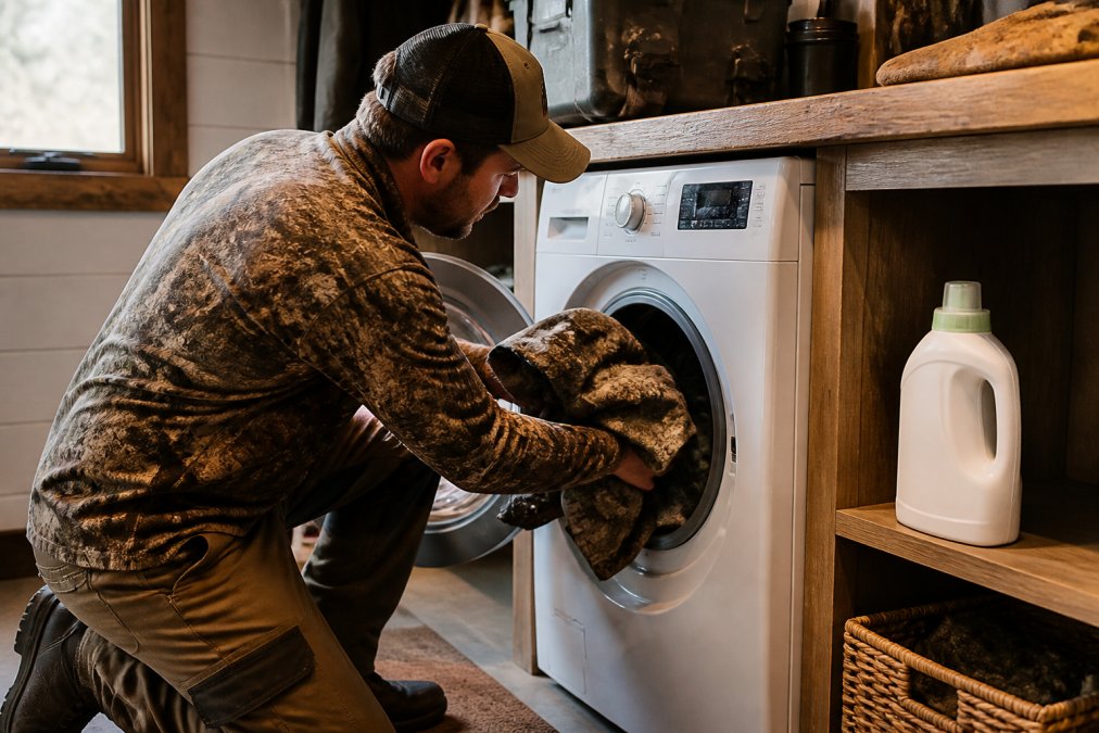 A hunter loading camouflage hunting clothes into a front-loading washing machine in a utility room, scent-free detergent bottle visible on a wooden shelf nearby, warm natural light from a window