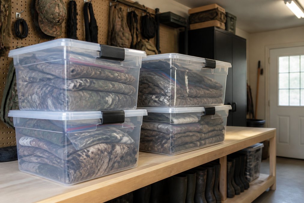 Neatly folded camouflage hunting gear sealed inside clear plastic storage totes with zip lock bags visible, stored in a clean garage or mudroom away from household odors, overhead fluorescent lighting