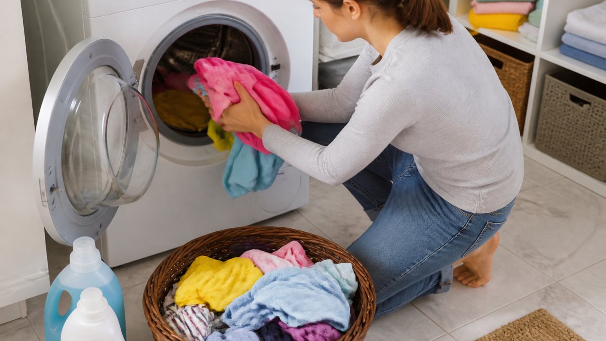 Parent loading colourful children's clothes into a washing machine with a basket of sorted laundry nearby on a bright, clean utility room floor