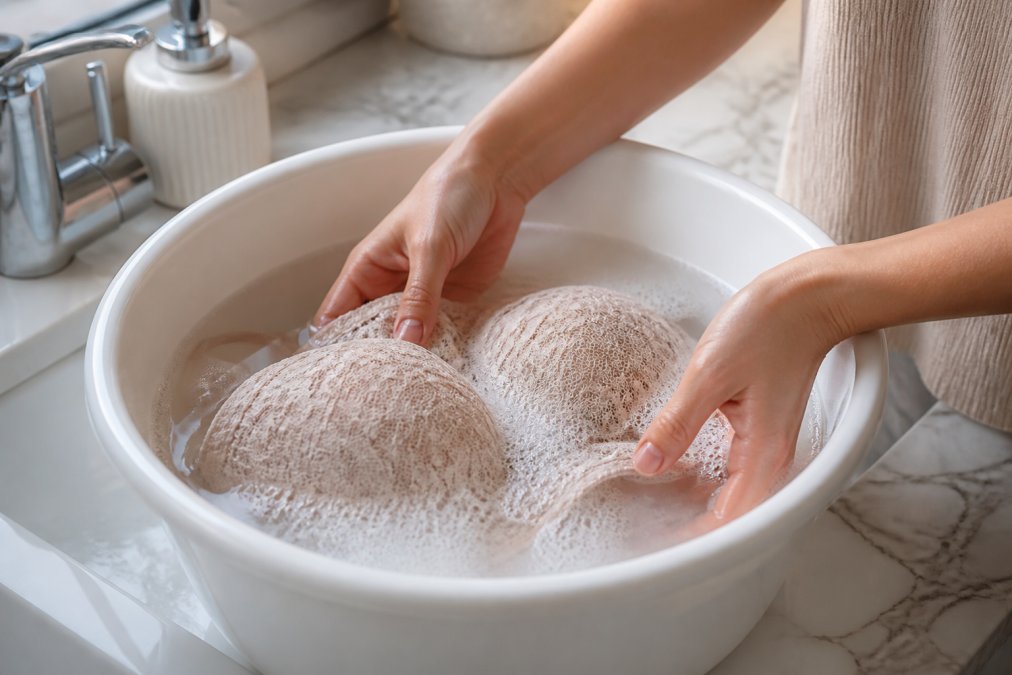 Hands gently submerging a delicate lace bra in soapy tepid water to wash lace lingerie by hand.