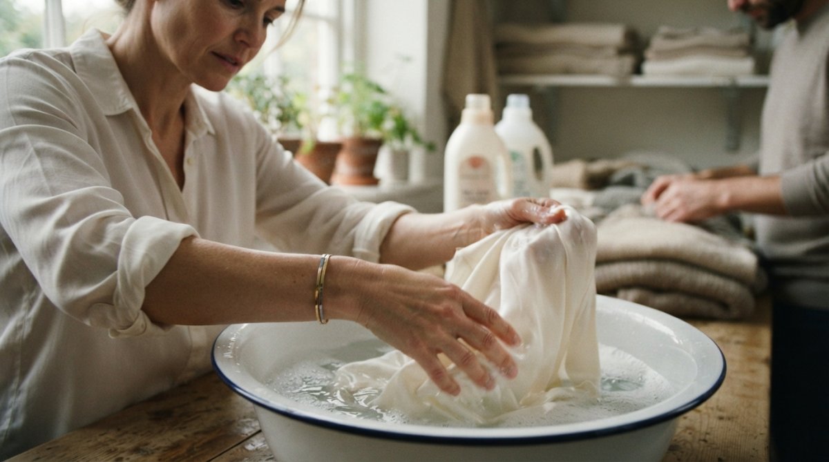 Hands gently hand-washing a delicate silk or wool garment in a basin of cool water with eco-friendly detergent visible in a sustainable glass bottle nearby