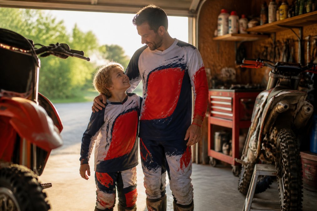 A father and young child in matching motocross jerseys standing in a garage next to dirt bikes, warm afternoon light streaming through the open door