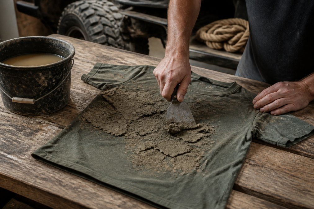 Close-up of a person using a dull knife to scrape dried mud off a heavyweight cotton t-shirt laid flat on a wooden workbench, with a bucket of muddy water nearby and off-road gear in the background