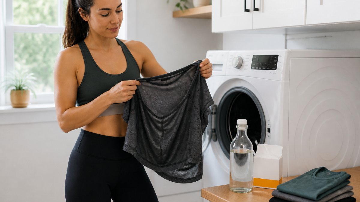 A person in athletic wear turning a synthetic workout shirt inside out next to a washing machine in a bright home laundry room, with a bottle of distilled white vinegar and a box of baking soda on the counter nearby