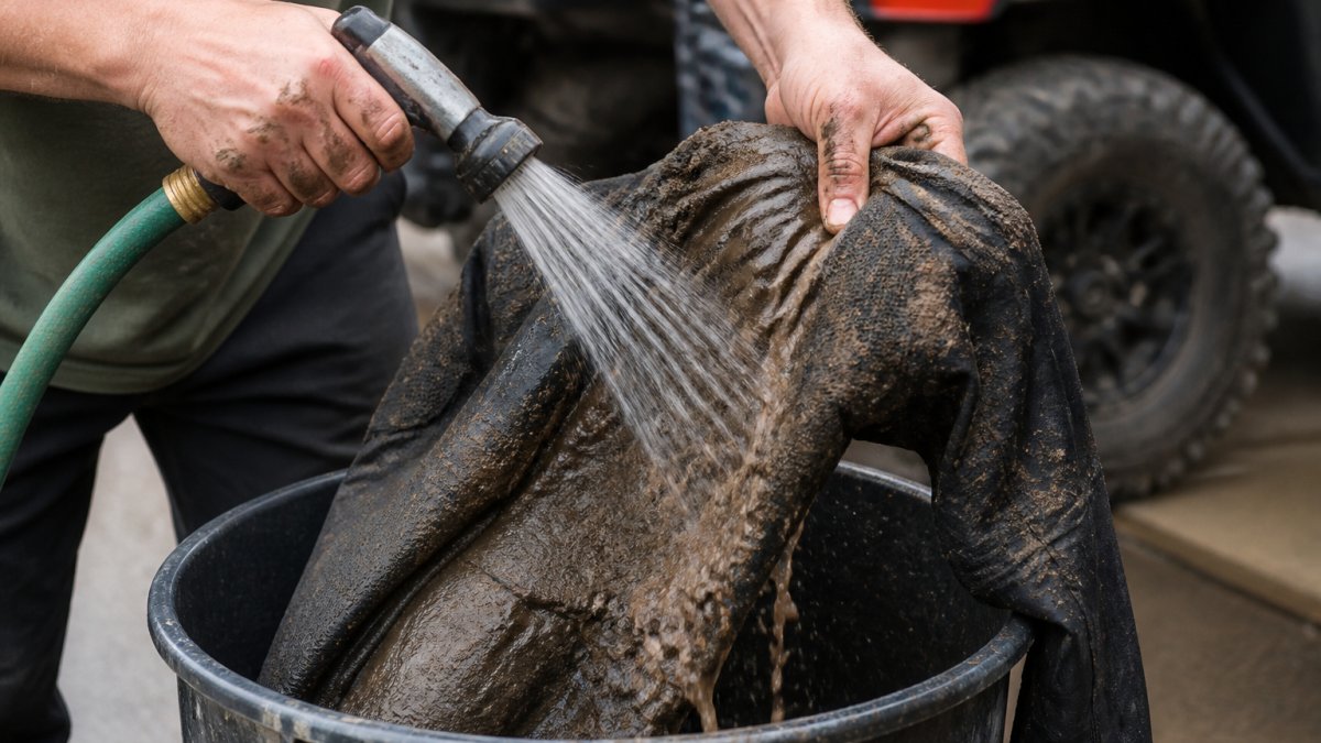Close-up of muddy offroad apparel being rinsed with a low-pressure hose over a bucket, showing mud and dirt washing away