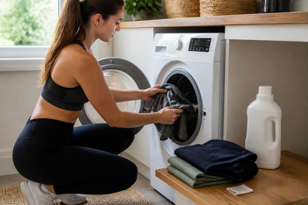 A person in activewear loading a front-loading washing machine with organic cotton gym clothes in a bright laundry room, with detergent and a care label visible on the bench